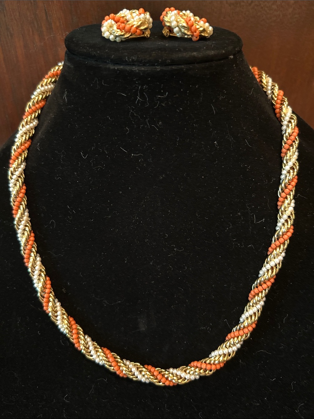 Gold Tone Seed Bead Necklace and Earrings Set